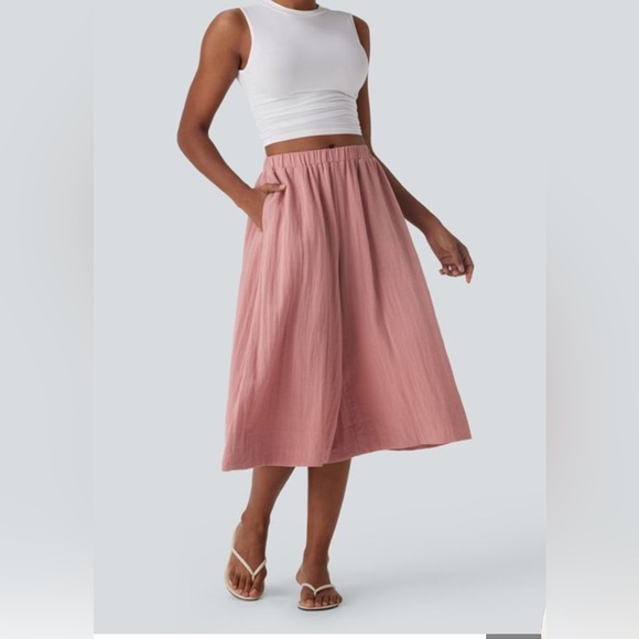 Halara Mid Rise Wide Leg Flowy Resort Linen-Feel Trousers, Pink Large - Picture 1 of 14